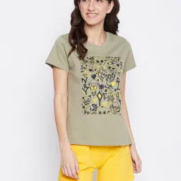 Clovia Olive & Yellow Printed T-Shirt With Shorts image 1