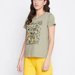 Clovia Olive & Yellow Printed T-Shirt With Shorts image 3