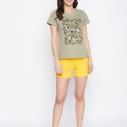 Clovia Olive & Yellow Printed T-Shirt With Shorts image 4