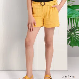 arias by lara dutta Arias 100% Cotton Double Gauze Shorts with Fabric Belt and Elasticated Waist - Yellow-picture-13