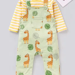 Babyhug Cotton Dungaree With Striped Inner T-Shirt Giraffe & Leaf  Print - Green and Yellow-picture-25