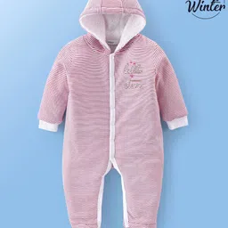 Babyoye Eco Conscious 100% Cotton Full Sleeves Striped Hooded Footed Winter Sleepsuit Text Embroidery - Multicolor-image-40
