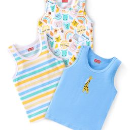 Babyhug 100 % Cotton Sleeveless Sando Vests  Stripes & Leopard Print Pack of 3- Blue Yellow & White-picture-39