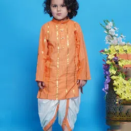 Little Bansi Full Sleeves Golden Striped Kurta & Dhoti Set - Orange-picture-25