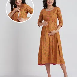 True Shape Three Fourth Sleeves Floral Printed Maternity Kurta With Concealed Zipper Nursing Access - Mustard-picture-14