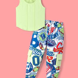 OLLINGTON ST. Cotton Lycra Knit Sleeveless Top & PrintedCargo Joggers- Lime & Multicolour-picture-7