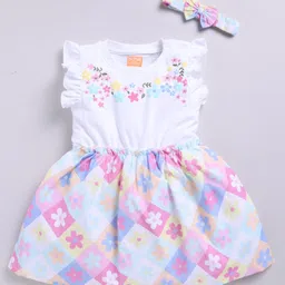 Snuggly MONKEY 100% Cotton Woven Sleeveless Checked & Floral Printed Dress With Headband - White & Pink image 1