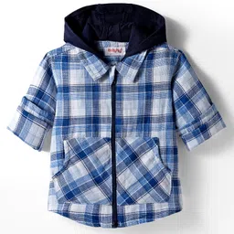 Babyhug Cotton Woven Full Sleeve Hooded Shirt with Kangaroo Pocket & Tartan Checks - Blue-picture-19