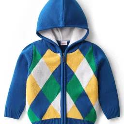 Babyhug Knit Full Sleeves Hooded Front Open Sweater With Checks Design - Blue-picture-25
