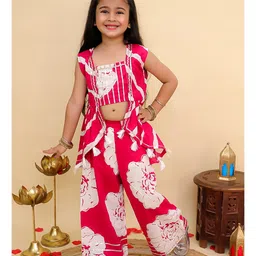 AJ Dezines Cotton Woven Sleeveless Floral Printed Gota Lace Embellished Top With Attached Shrug & Coordinating Pant Set - Pink-picture-33