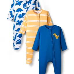 Bonfino Cotton Knit Full Sleeves Sleepsuit With Dino Print Pack Of 3 - Blue White & Yellow-picture-20