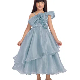Tiny Kingdom Satin Woven Sleeveless Pearls Embellished Floral Applique Detailed Layered Gown - Blue-picture-16