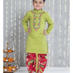KID1 Cotton Woven Full Sleeves Floral Embroidered Kurta Dhoti Set - Green-picture-10