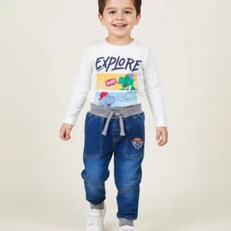 Babyhug Full Length Denim Washed Jeans with Stretch & Patch Detailing - Blue image 2