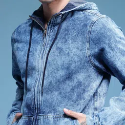 HERE&NOW Relaxed Fit Washed Effect Hooded Pure Cotton Denim Jacket image 3