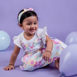 Snuggly MONKEY 100% Cotton Woven Sleeveless Checked & Floral Printed Dress With Headband - White & Pink image 5