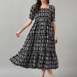 Raiyani Fashion Women Geometric Print Puff Sleeve Layered Tiered Fit & Flare Midi Dress-image-88