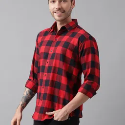 Hancock Men Red & Black Slim Fit Checked Casual Shirt image 4