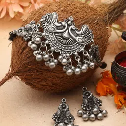 Moedbuille Silver-Plated Oxidised Ghungroo-Studded Peacock Jewellery Set-picture-14