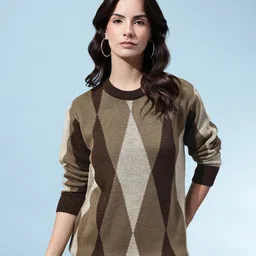 glitchez Fair Isle Self-Design Drop-Shoulder Sleeves Acrylic Relaxed Fit Longline Pullover image 4