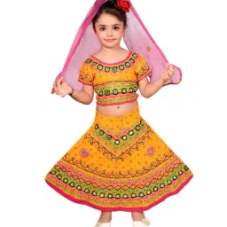 Ahhaaaa Kids Pink & Yellow Embroidered Choli, Lehenga with Dupatta-picture-47