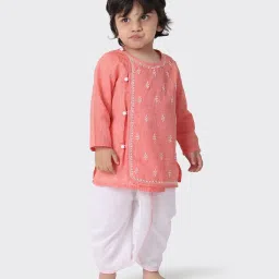 Fabindia Kids Peach & White Cotton Embroidered Kurta image 1