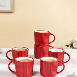 Nestasia Red & White 6 Pieces Crafted Ceramics Textured Ceramic Glossy Mugs 300 ml image 1