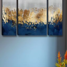 Aura Navy Blue & Gold-Toned 3 Pieces Abstract Printed Wooden Wall Art-picture-34