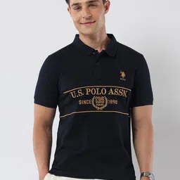 U.S. Polo Assn. Men Typography Printed Polo Collar Cotton Slim Fit T-shirt image 2