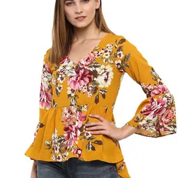 DressBerry Floral Print Bell Sleeve Crepe Peplum Top-picture-13