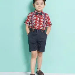 AJ Dezines Half Sleeves Elephant Motif Printed Shirt With Striped Suspender 5 Piece Party Set - Red-picture-27