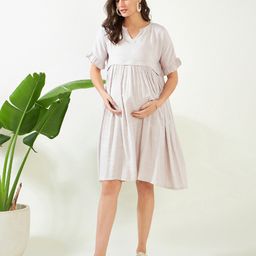 The Kaftan Company Half Frill Sleeves Solid Earthy Grey Soft Linen Maternity & Feeding Dress - Off White-picture-14