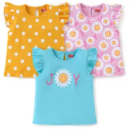 Babyhug Cotton Knit   Half Sleeves with Frill Detailing T-Shirts Polka Dots & Floral Print Pack of 3 - Multicolour-image-26