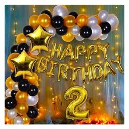 Bubble Trouble 2nd Happy Birthday Decorations Kit-Golden, Black & Silver theme for B'day Party Decorations with Fairy LED Light Combo (Set of 77)-picture-41