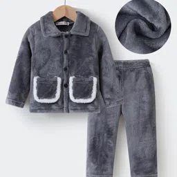 Kookie Kids Full Sleeves Collared Winter Wear Night Suit - Grey-picture-27