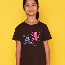 NUSYL Cotton Blend Half Sleeves Jellyfish Printed Tee - Brown-image-5