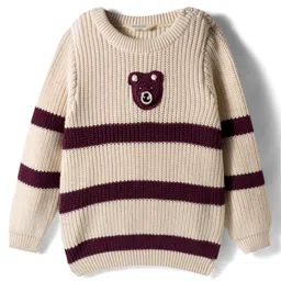 Bonfino 100% Cotton Knitted Full Sleeves Striped Pullover Sweater with Teddy Bear Embroidery - Off White-picture-10