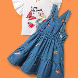 OLLINGTON ST. Cotton Knit Flutter Sleeves Inner Top & Butterfly Embroidery Denim Pinafore - White & Indigo-picture-18