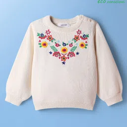 Babyoye Cotton Knit Puffed Full Sleeves Pullovers with Floral Embroidery - Off White-image-14