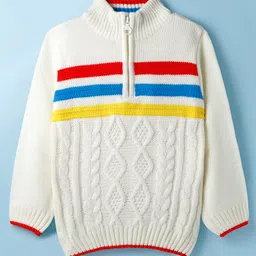 Pine Kids Knitted Full Sleeves Pullover Sweater With Cable Knit Design - White-picture-37
