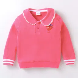 Kookie Kids Terry Knit Full Sleeves Rib Fabric Winter Wear Embroidered Top With Peter Pan Collar & Solid Color Joggers Set -Dark Pink image 2