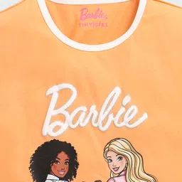 Barbie by Tiny Girl Cotton Woven Half Sleeves Girls Printed Tee - Orange image 4