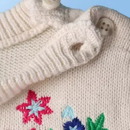 Babyoye Cotton Knit Puffed Full Sleeves Pullovers with Floral Embroidery - Off White image 4