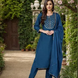 AHIKA Blue Embroidered Kurta with Trousers & Dupatta image 1
