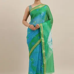 Geroo Jaipur Turquoise Blue And Green Hand Dyed Bandhani Kota Sik Sareee-image-36