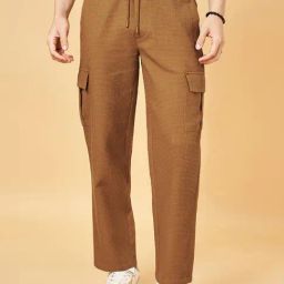 People By Pantaloons Leather Brown Cotton Loose Fit Texture Trackpants-picture-27