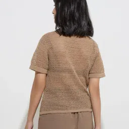 LOV by Westside Brown Knit-Textured Cotton-Blend Top image 2