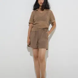 LOV by Westside Brown Knit-Textured Cotton-Blend Top image 3