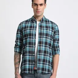 The Bear House Blue Cotton Slim Fit Checks Shirt-image-97