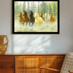 Art Street Green Engineered Wood Seven Running Horses in Forest Vastu Feng Shui Stretched Wall Art image 3